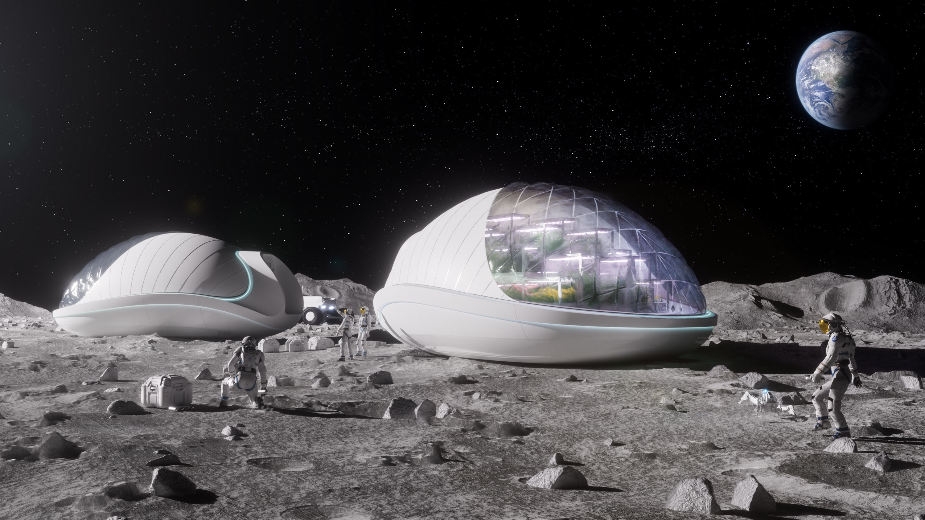 artist&#039;s rendering of two biopods on the moon with astronauts walking nearby.